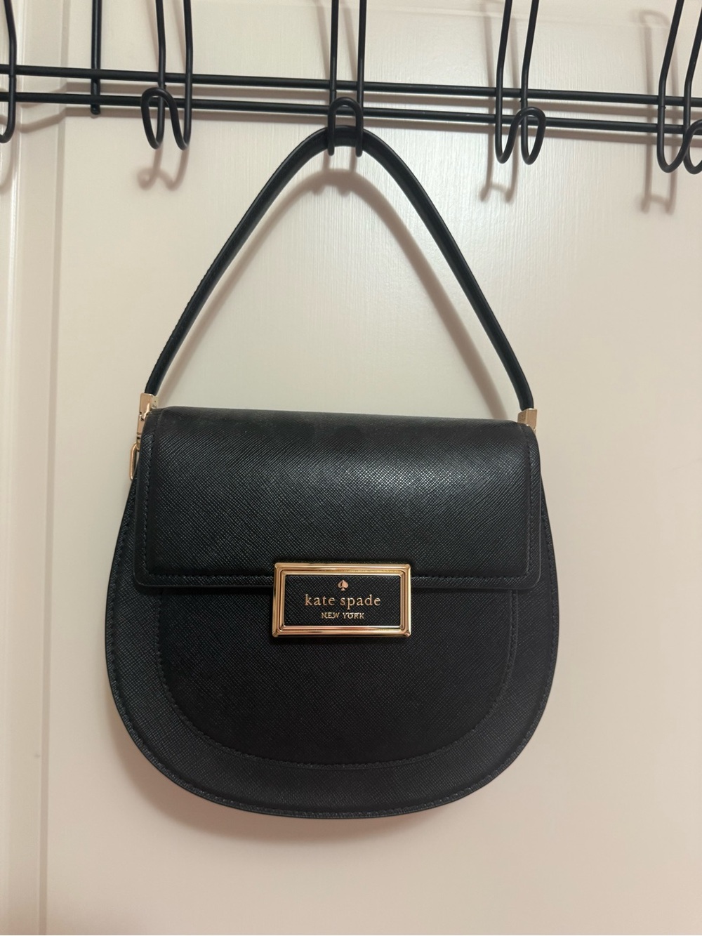 kate spade Black Textured Leather Saddle Shoulder Bag with Gold Plaque